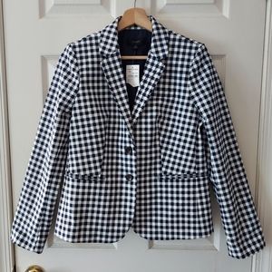 NWT J Crew Navy Ivory Button Front Gingham Plaid Blazer Jacket Size Small